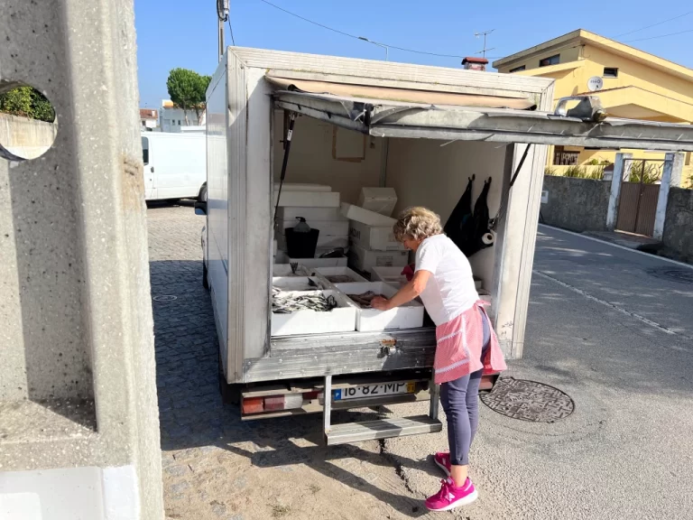 a mobile fish monger displaying her wares