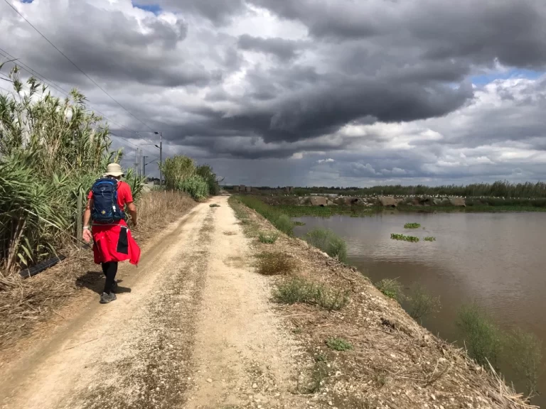 walking a farm road along a lake