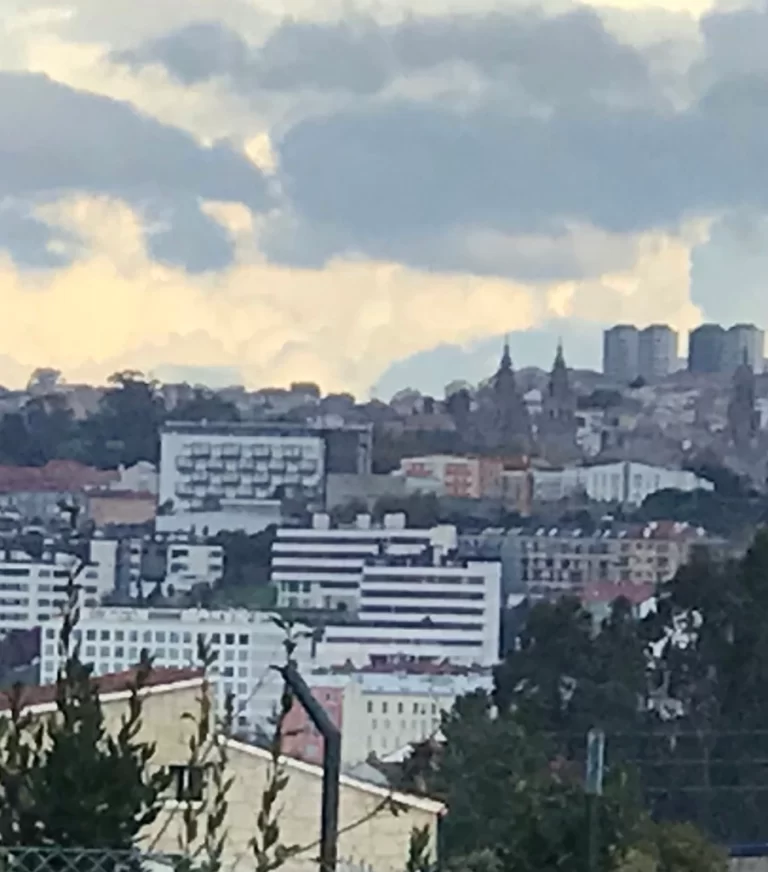 first view of the Cathedral spires in Santiago de Compostela