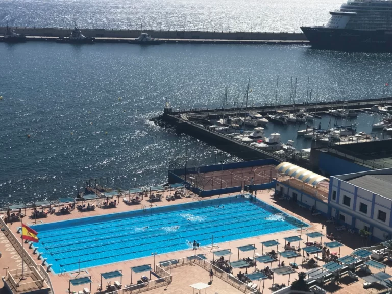 12th floor balcony Santa Cruz de Tenerife view of port and one of the swimming pool areas