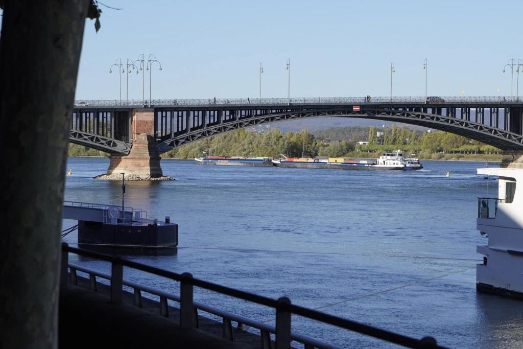 barges on the river at Mainz, Germany